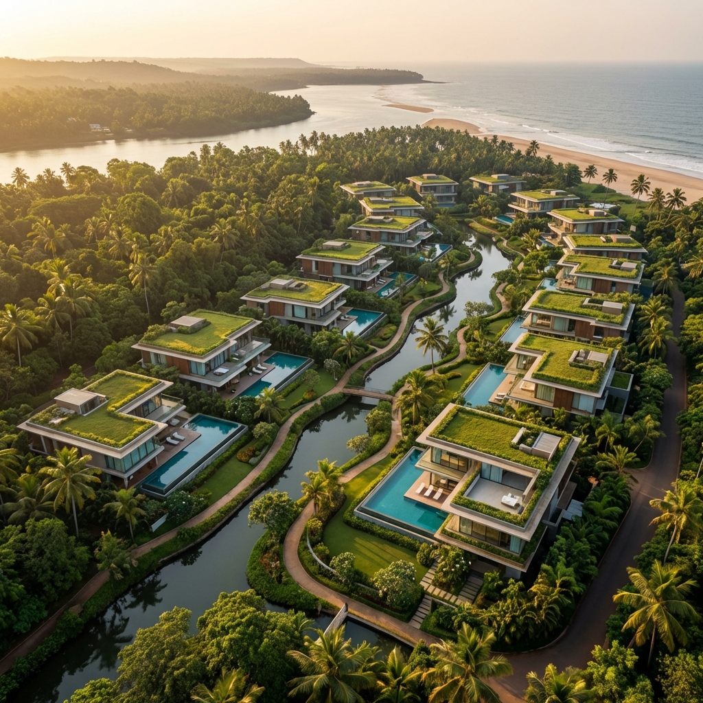 Aerial view of One Goa 100+ acre 5-star land development by Abhinandan Lodha in Bicholim